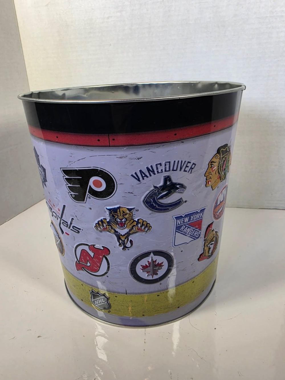 NHL Garbage Can Tin with 30 Embossed Teams. 2014. 9 Inch High x 9 Inch Wide